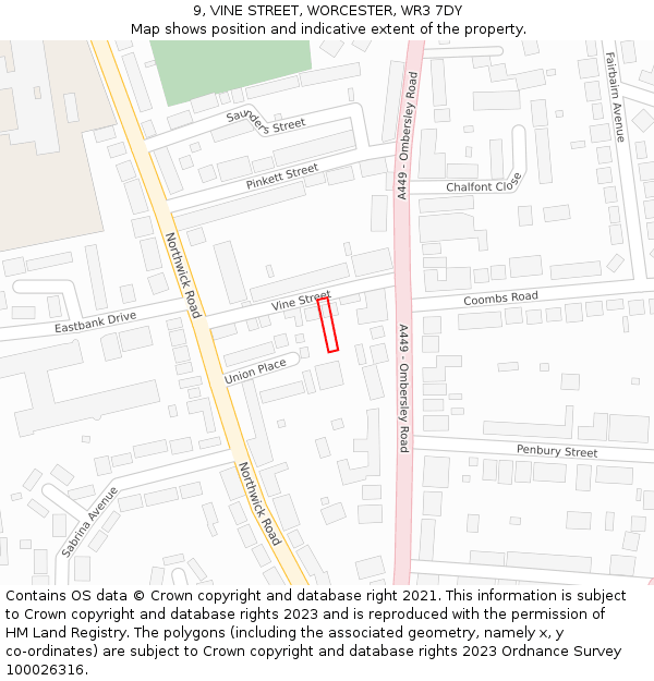 9, VINE STREET, WORCESTER, WR3 7DY: Location map and indicative extent of plot
