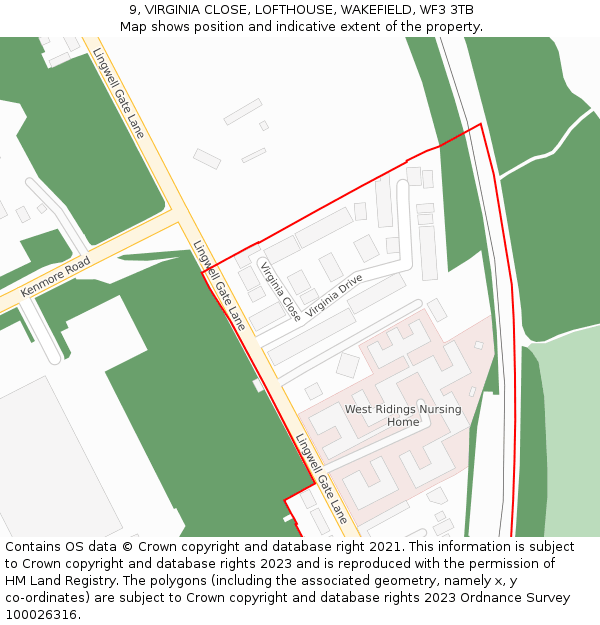 9, VIRGINIA CLOSE, LOFTHOUSE, WAKEFIELD, WF3 3TB: Location map and indicative extent of plot