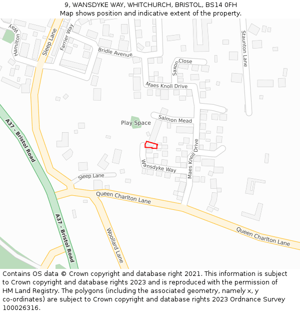 9, WANSDYKE WAY, WHITCHURCH, BRISTOL, BS14 0FH: Location map and indicative extent of plot