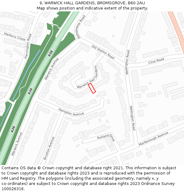 9, WARWICK HALL GARDENS, BROMSGROVE, B60 2AU: Location map and indicative extent of plot