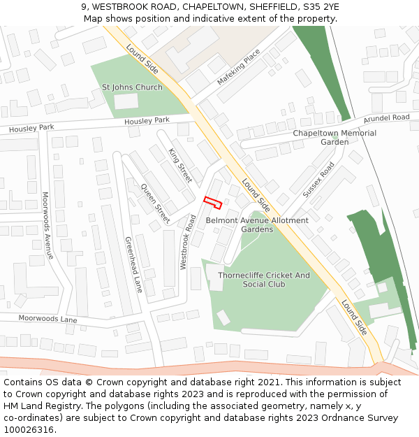 9, WESTBROOK ROAD, CHAPELTOWN, SHEFFIELD, S35 2YE: Location map and indicative extent of plot