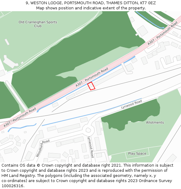 9, WESTON LODGE, PORTSMOUTH ROAD, THAMES DITTON, KT7 0EZ: Location map and indicative extent of plot