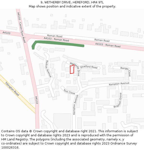 9, WETHERBY DRIVE, HEREFORD, HR4 9TL: Location map and indicative extent of plot