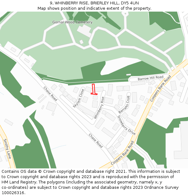 9, WHINBERRY RISE, BRIERLEY HILL, DY5 4UN: Location map and indicative extent of plot