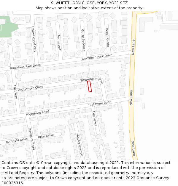 9, WHITETHORN CLOSE, YORK, YO31 9EZ: Location map and indicative extent of plot