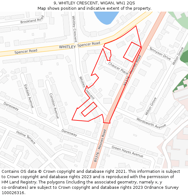 9, WHITLEY CRESCENT, WIGAN, WN1 2QS: Location map and indicative extent of plot