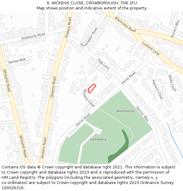 9, WICKENS CLOSE, CROWBOROUGH, TN6 2FU: Location map and indicative extent of plot