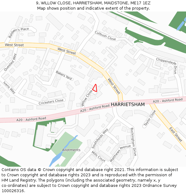 9, WILLOW CLOSE, HARRIETSHAM, MAIDSTONE, ME17 1EZ: Location map and indicative extent of plot