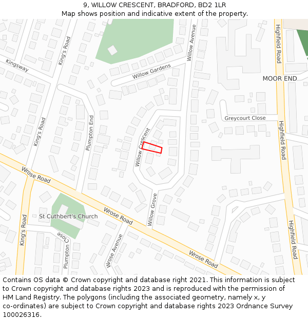 9, WILLOW CRESCENT, BRADFORD, BD2 1LR: Location map and indicative extent of plot