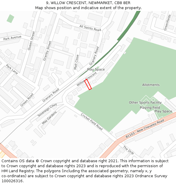 9, WILLOW CRESCENT, NEWMARKET, CB8 8ER: Location map and indicative extent of plot