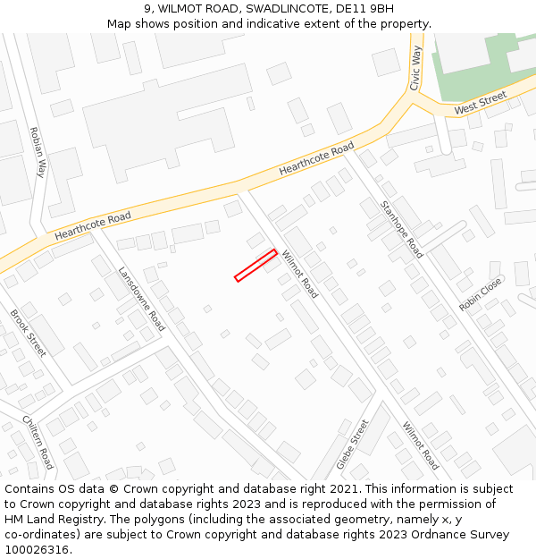 9, WILMOT ROAD, SWADLINCOTE, DE11 9BH: Location map and indicative extent of plot