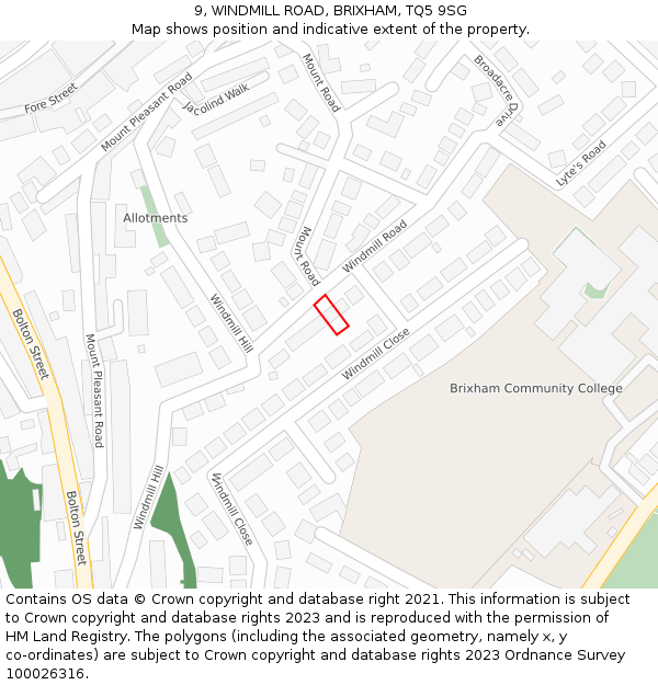 9, WINDMILL ROAD, BRIXHAM, TQ5 9SG: Location map and indicative extent of plot
