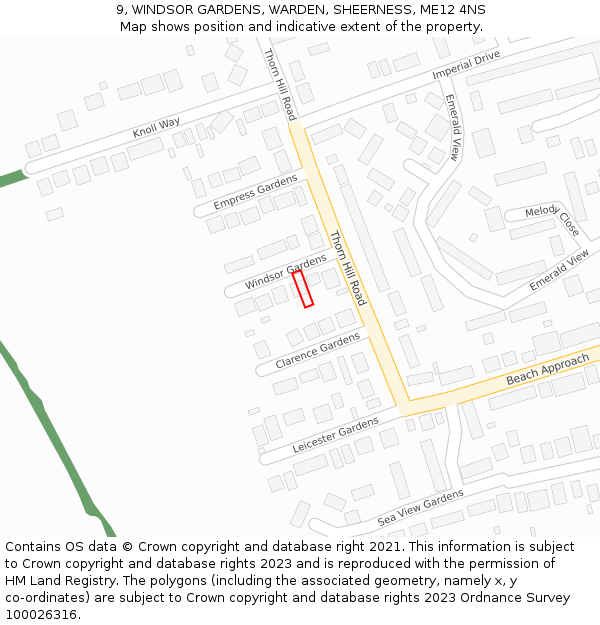9, WINDSOR GARDENS, WARDEN, SHEERNESS, ME12 4NS: Location map and indicative extent of plot