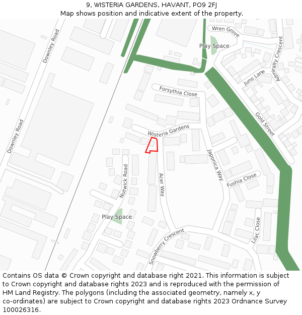 9, WISTERIA GARDENS, HAVANT, PO9 2FJ: Location map and indicative extent of plot