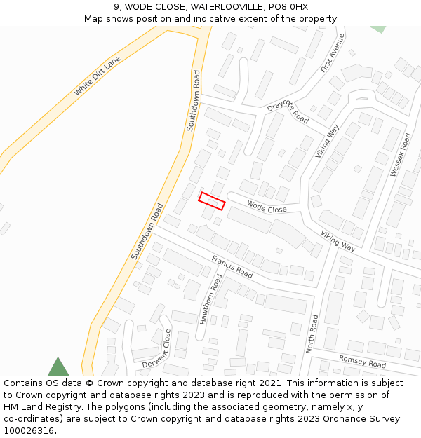 9, WODE CLOSE, WATERLOOVILLE, PO8 0HX: Location map and indicative extent of plot