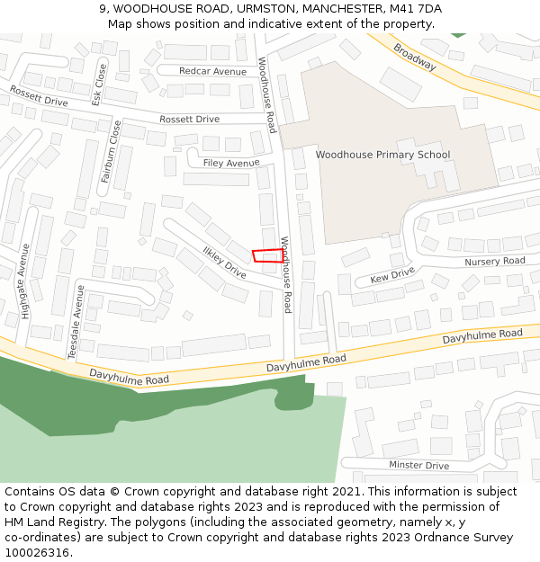 9, WOODHOUSE ROAD, URMSTON, MANCHESTER, M41 7DA: Location map and indicative extent of plot
