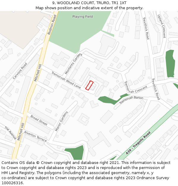 9, WOODLAND COURT, TRURO, TR1 1XT: Location map and indicative extent of plot