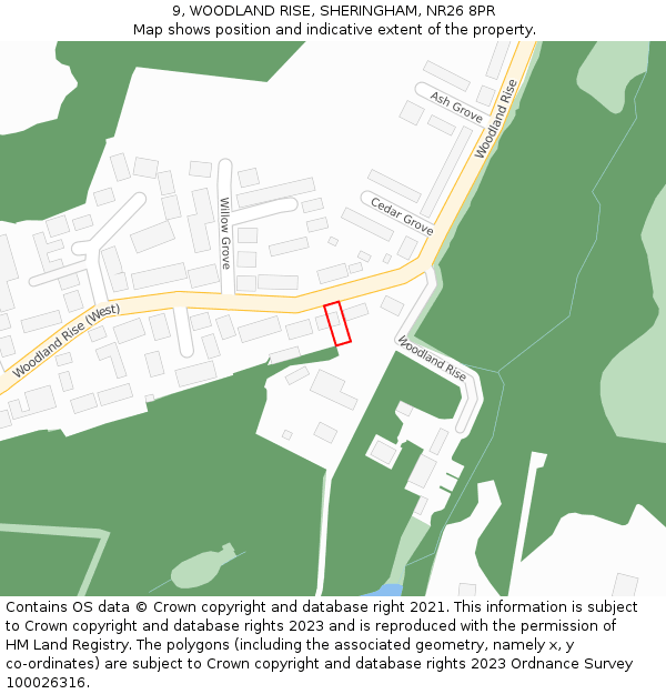 9, WOODLAND RISE, SHERINGHAM, NR26 8PR: Location map and indicative extent of plot
