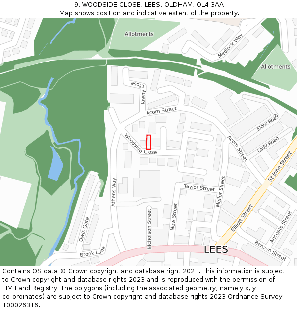 9, WOODSIDE CLOSE, LEES, OLDHAM, OL4 3AA: Location map and indicative extent of plot