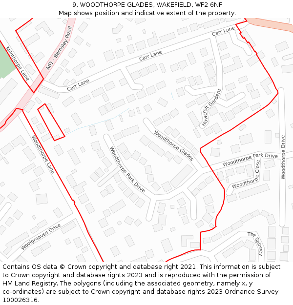 9, WOODTHORPE GLADES, WAKEFIELD, WF2 6NF: Location map and indicative extent of plot