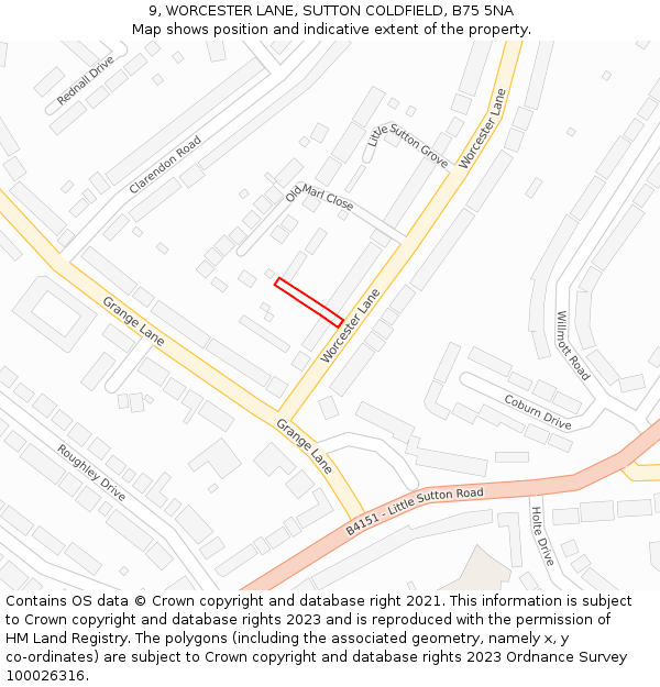 9, WORCESTER LANE, SUTTON COLDFIELD, B75 5NA: Location map and indicative extent of plot