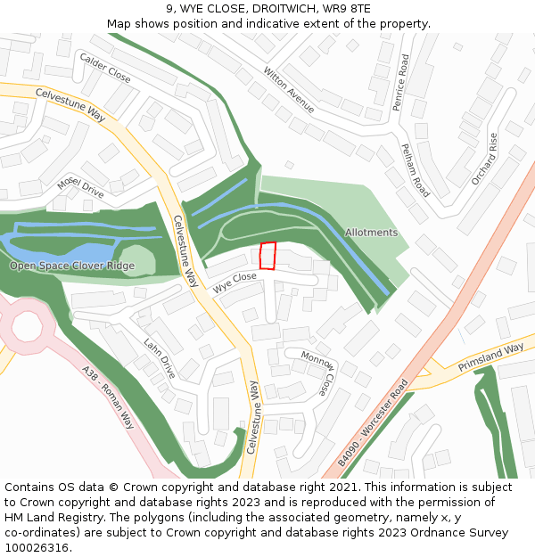 9, WYE CLOSE, DROITWICH, WR9 8TE: Location map and indicative extent of plot