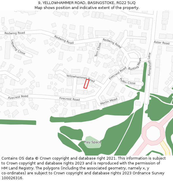 9, YELLOWHAMMER ROAD, BASINGSTOKE, RG22 5UQ: Location map and indicative extent of plot