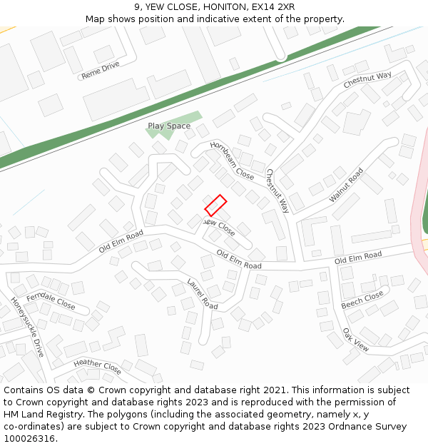 9, YEW CLOSE, HONITON, EX14 2XR: Location map and indicative extent of plot