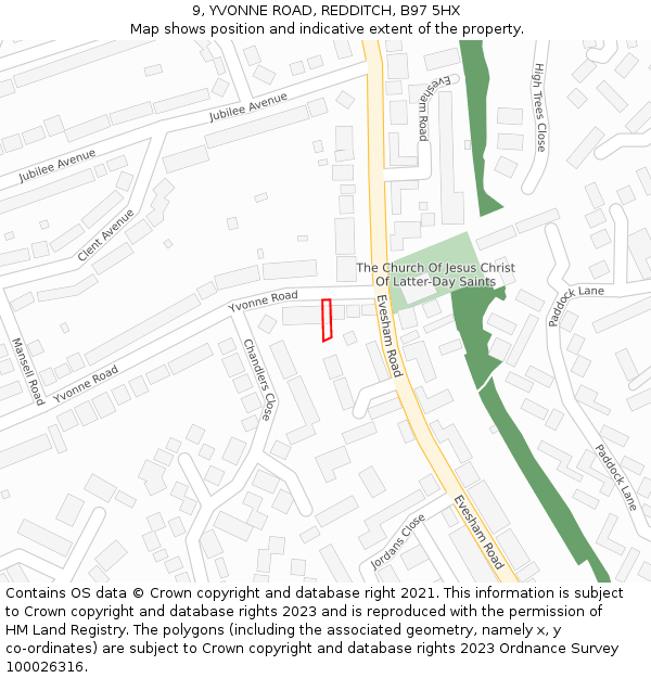9, YVONNE ROAD, REDDITCH, B97 5HX: Location map and indicative extent of plot