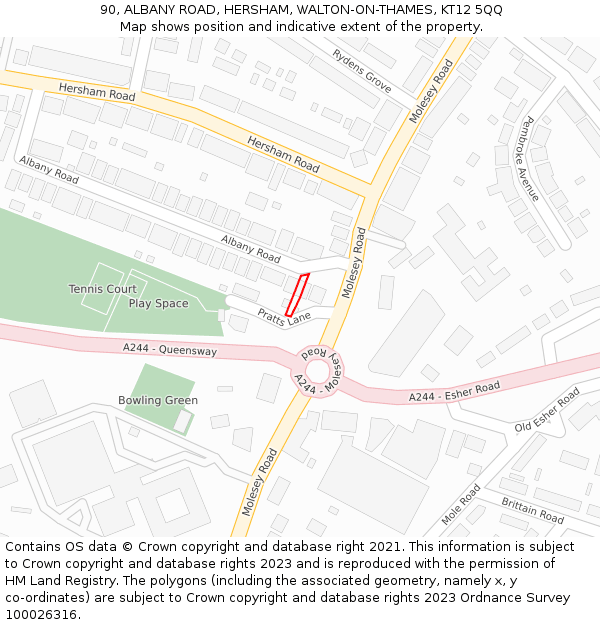 90, ALBANY ROAD, HERSHAM, WALTON-ON-THAMES, KT12 5QQ: Location map and indicative extent of plot