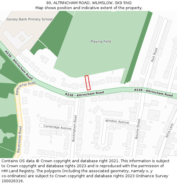 90, ALTRINCHAM ROAD, WILMSLOW, SK9 5NG: Location map and indicative extent of plot