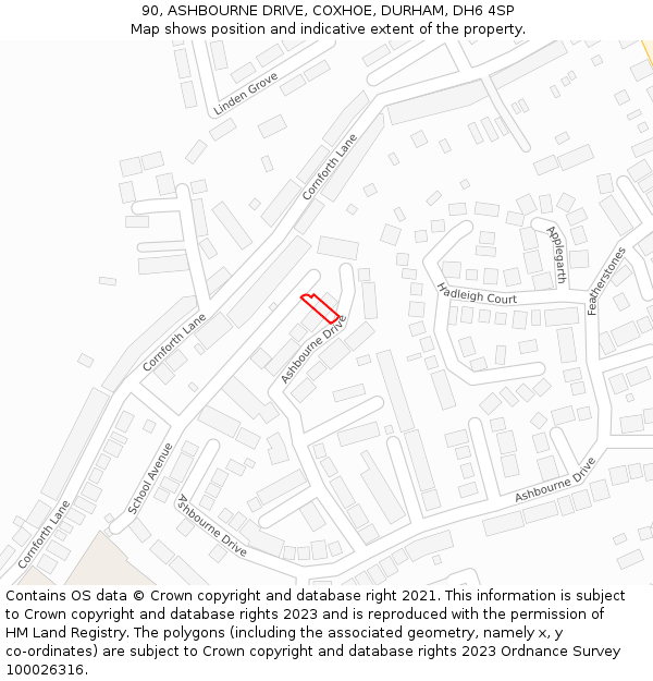 90, ASHBOURNE DRIVE, COXHOE, DURHAM, DH6 4SP: Location map and indicative extent of plot