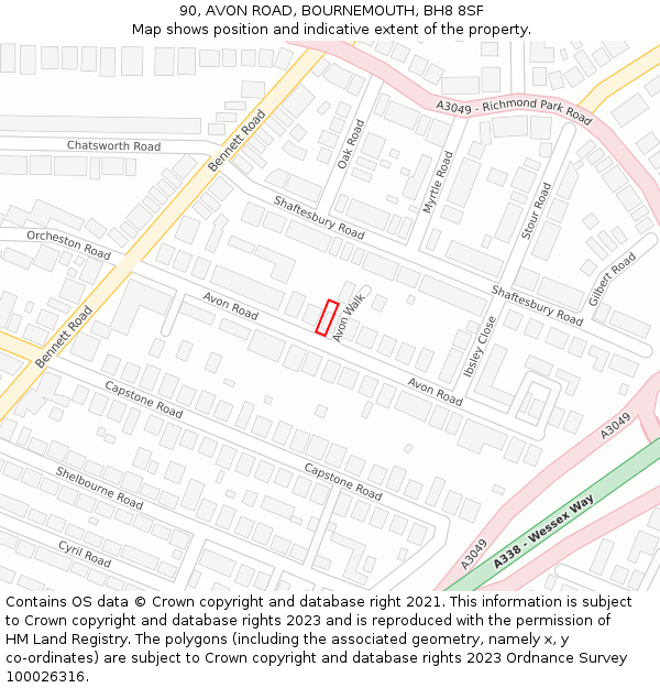 90, AVON ROAD, BOURNEMOUTH, BH8 8SF: Location map and indicative extent of plot