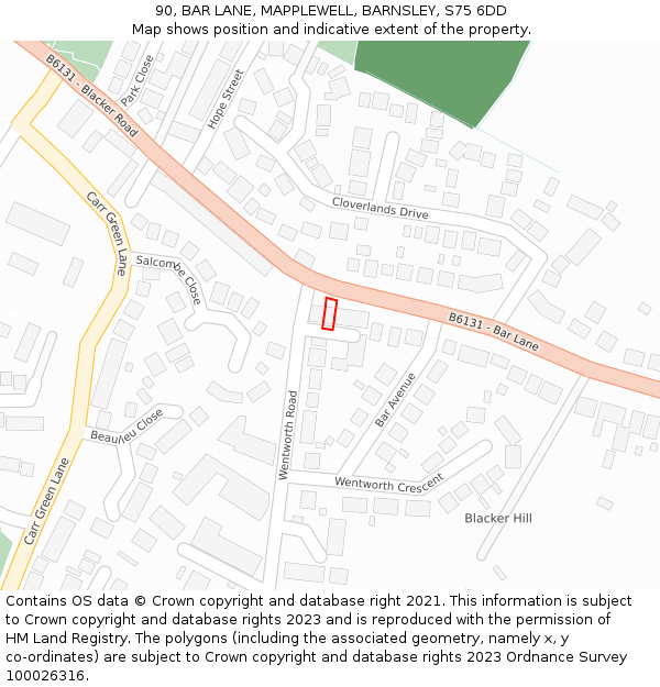 90, BAR LANE, MAPPLEWELL, BARNSLEY, S75 6DD: Location map and indicative extent of plot