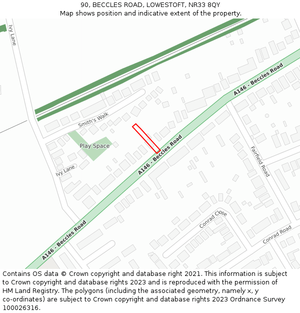 90, BECCLES ROAD, LOWESTOFT, NR33 8QY: Location map and indicative extent of plot