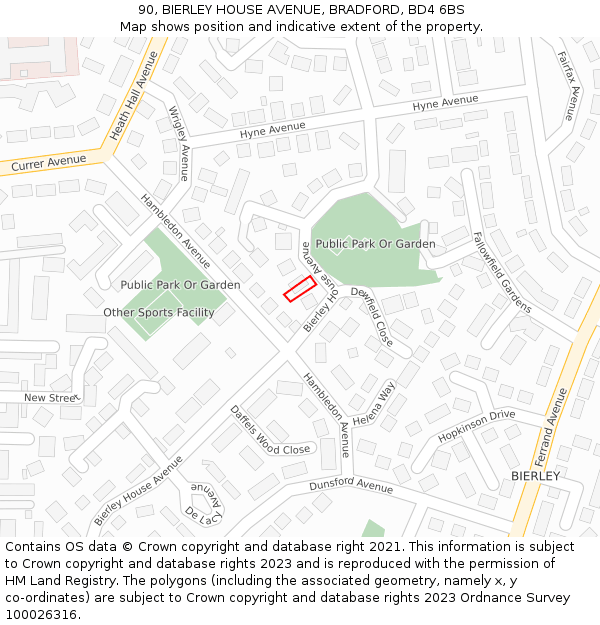 90, BIERLEY HOUSE AVENUE, BRADFORD, BD4 6BS: Location map and indicative extent of plot