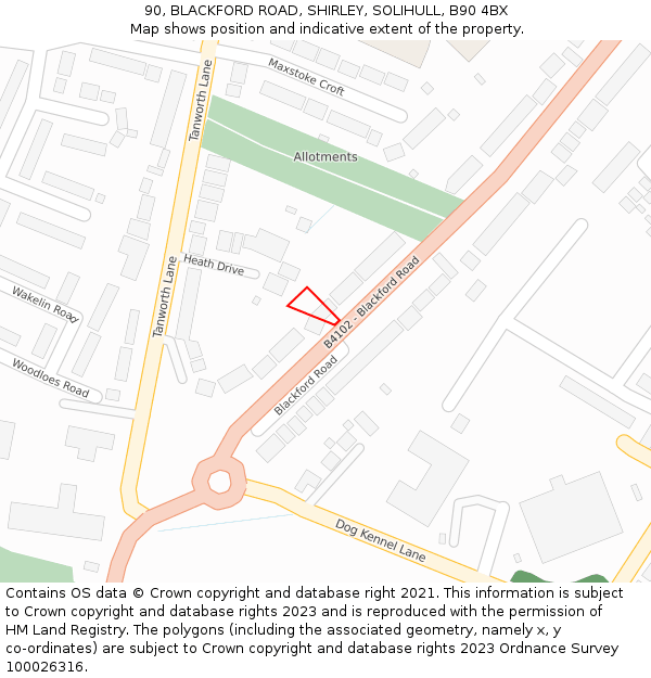 90, BLACKFORD ROAD, SHIRLEY, SOLIHULL, B90 4BX: Location map and indicative extent of plot