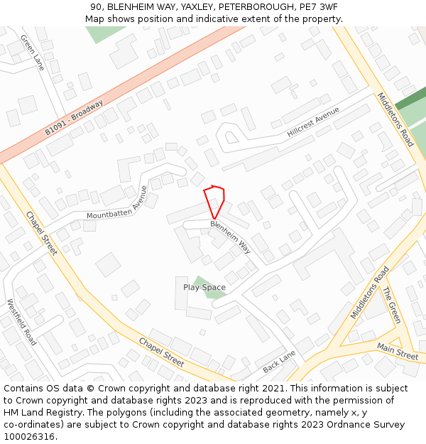 90, BLENHEIM WAY, YAXLEY, PETERBOROUGH, PE7 3WF: Location map and indicative extent of plot