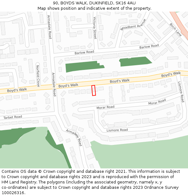 90, BOYDS WALK, DUKINFIELD, SK16 4AU: Location map and indicative extent of plot
