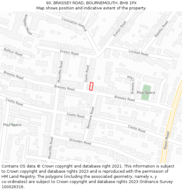 90, BRASSEY ROAD, BOURNEMOUTH, BH9 1PX: Location map and indicative extent of plot