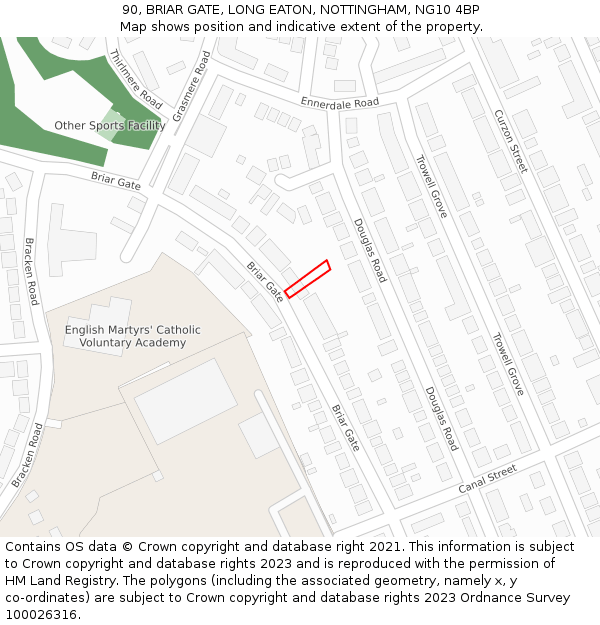 90, BRIAR GATE, LONG EATON, NOTTINGHAM, NG10 4BP: Location map and indicative extent of plot