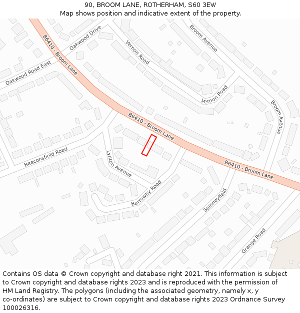 90, BROOM LANE, ROTHERHAM, S60 3EW: Location map and indicative extent of plot