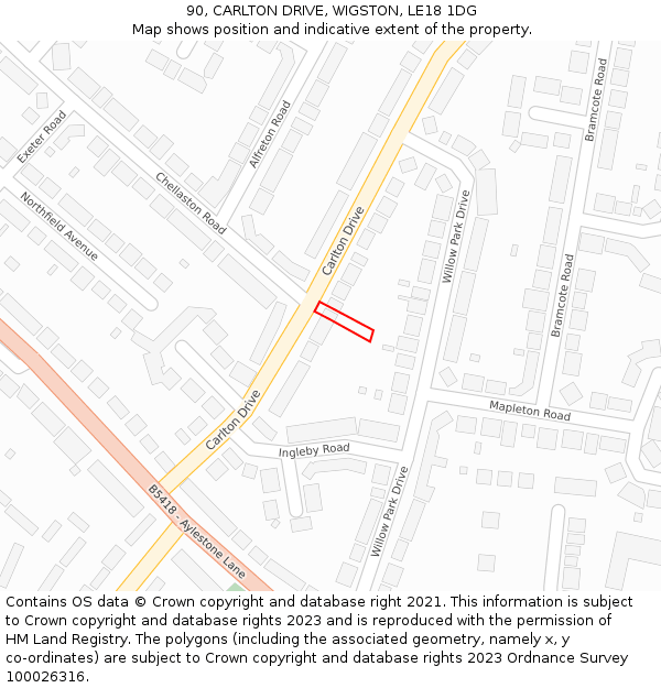 90, CARLTON DRIVE, WIGSTON, LE18 1DG: Location map and indicative extent of plot