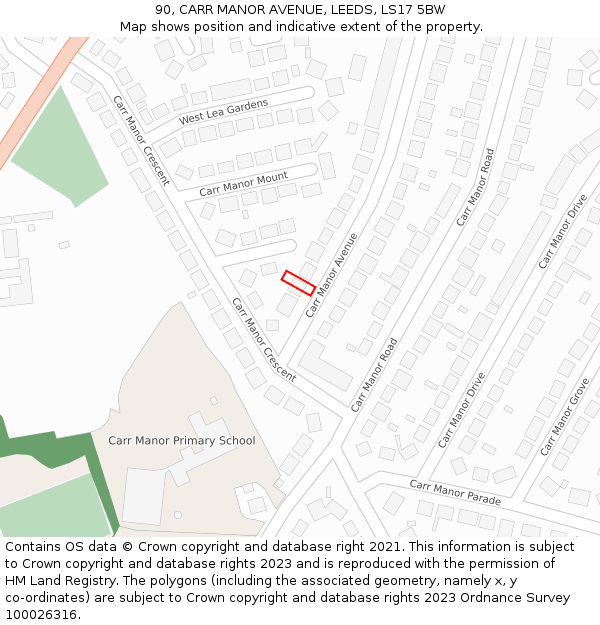 90, CARR MANOR AVENUE, LEEDS, LS17 5BW: Location map and indicative extent of plot