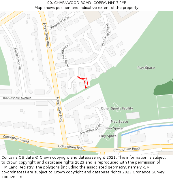 90, CHARNWOOD ROAD, CORBY, NN17 1YR: Location map and indicative extent of plot