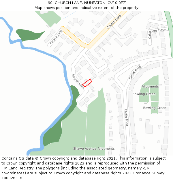 90, CHURCH LANE, NUNEATON, CV10 0EZ: Location map and indicative extent of plot