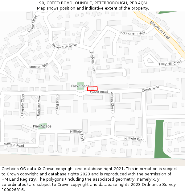 90, CREED ROAD, OUNDLE, PETERBOROUGH, PE8 4QN: Location map and indicative extent of plot