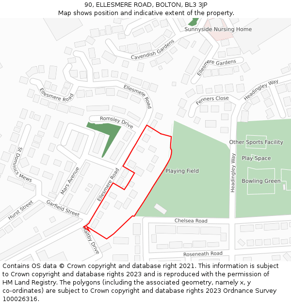 90, ELLESMERE ROAD, BOLTON, BL3 3JP: Location map and indicative extent of plot