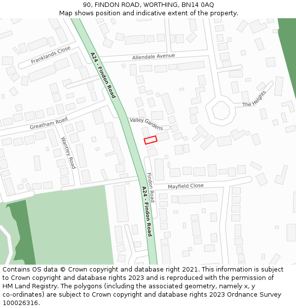 90, FINDON ROAD, WORTHING, BN14 0AQ: Location map and indicative extent of plot