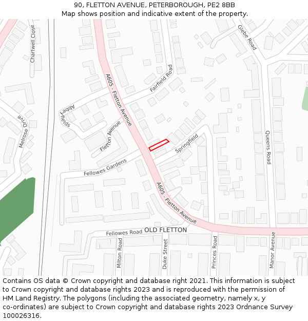 90, FLETTON AVENUE, PETERBOROUGH, PE2 8BB: Location map and indicative extent of plot